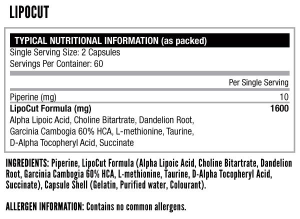 Nutritech Lipocut 120 Caps - Nutritional Information
