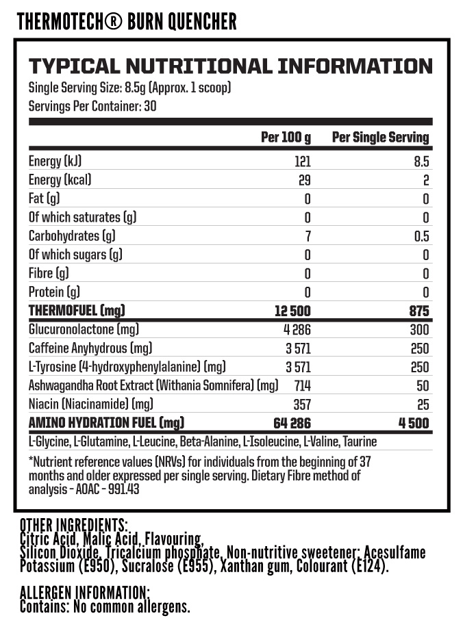 Nutritech Thermotech Burn Quencher 255g - Nutritional Information
