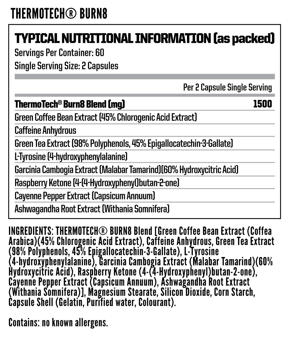 Nutritech Thermotech Burn8 120 Caps - Nutritional Information