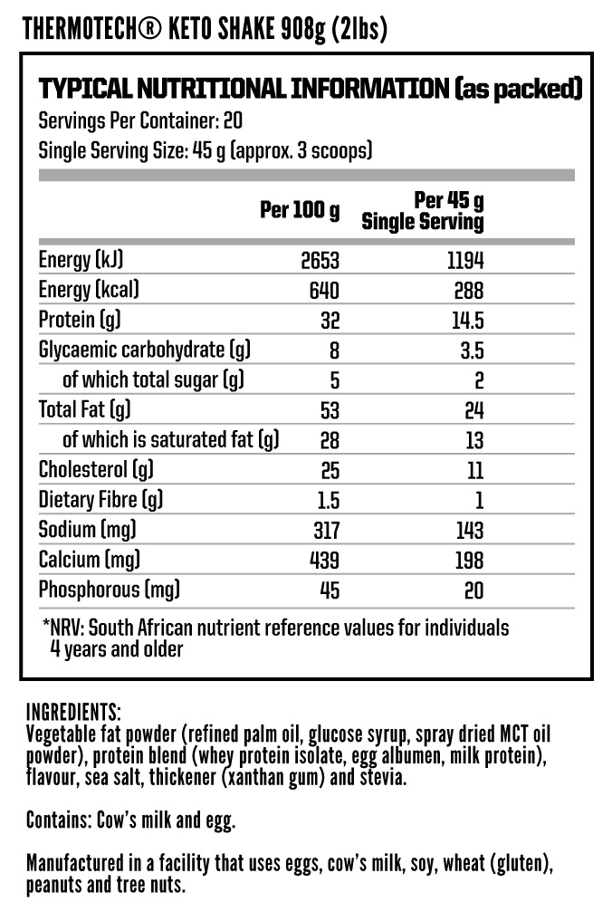 Nutritech Thermotech Keto Shake 908g - Nutritional Information