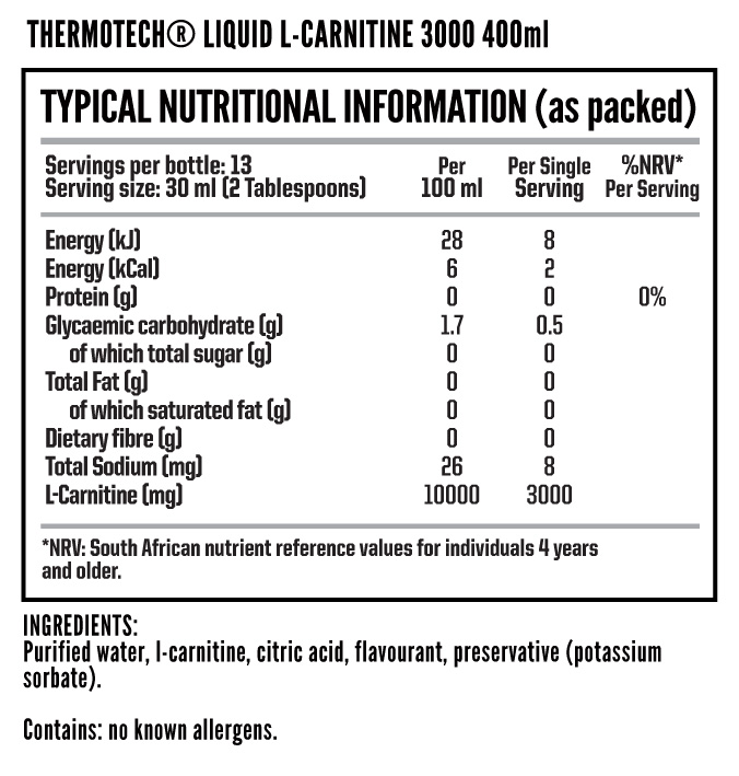 Nutritech Thermotech Liquid L-Carnitine 3000 400ml - Nutritional Information