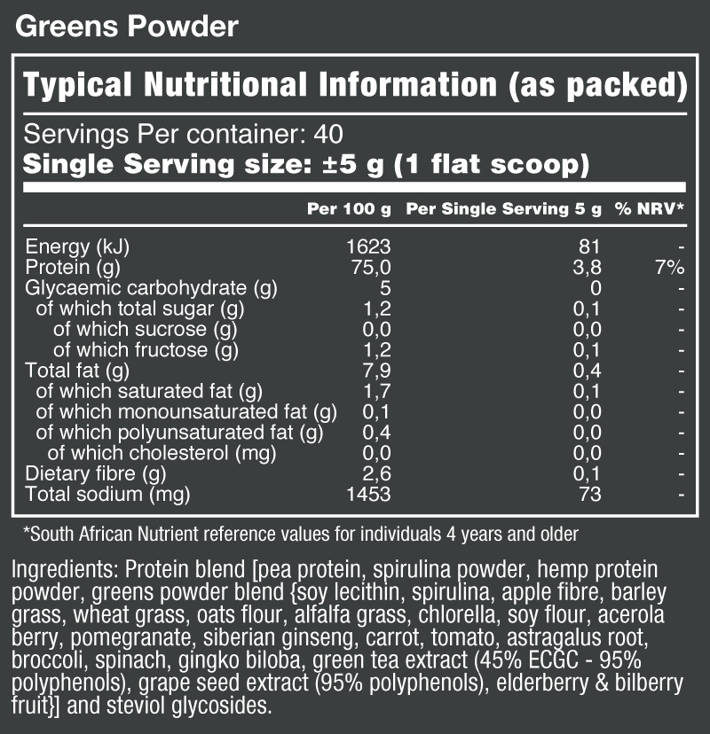 Vitatech Greens Powder 200g - Nutritional Information