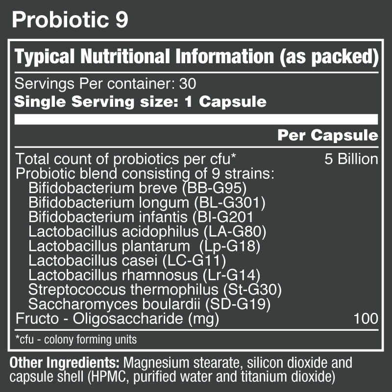  Vitatech Probiotic 9 30 Caps - Nutritional Information