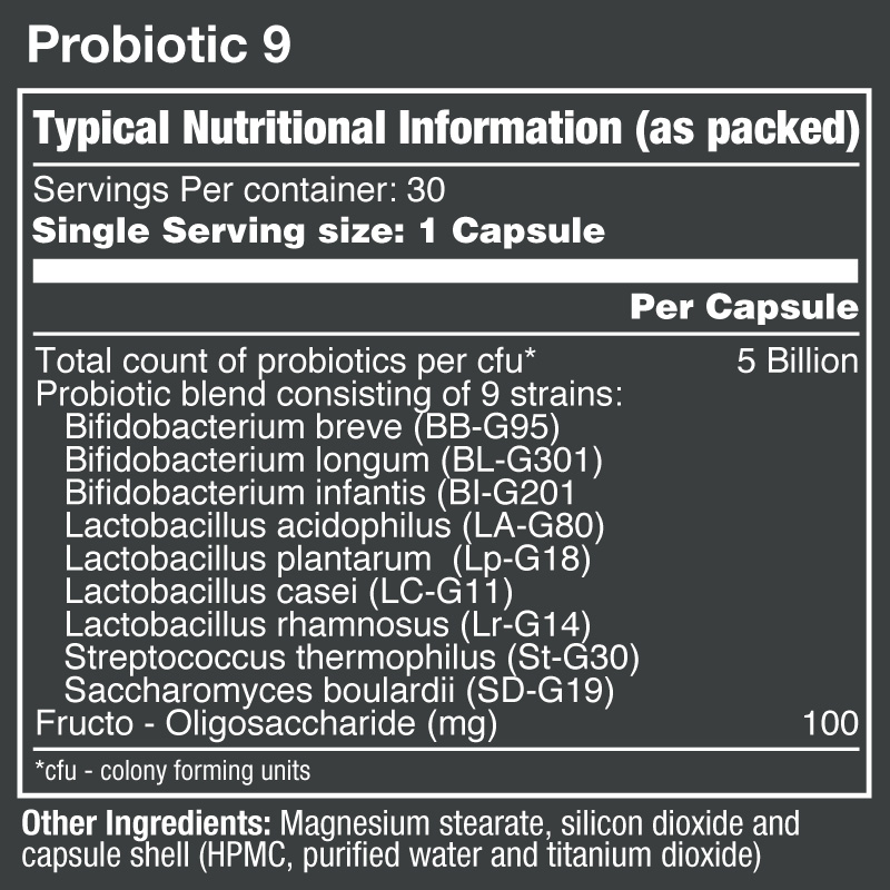 Vitatech Probiotic 9 30 Caps - Nutritional Information