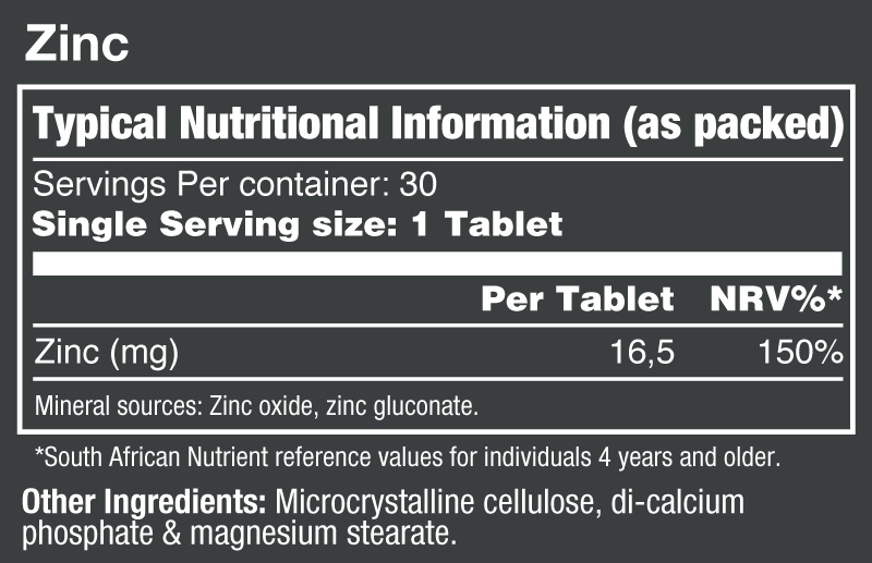 Vitatech Zinc 30 Tabs - Nutritional Information
