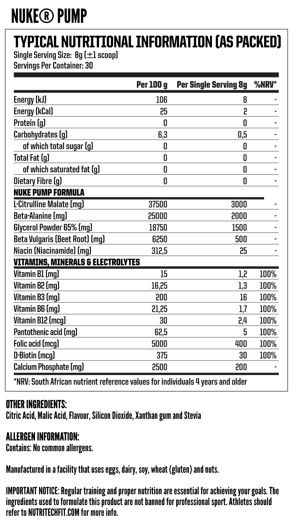 Nutritech Nuke Pump 240g - Nutritional Information