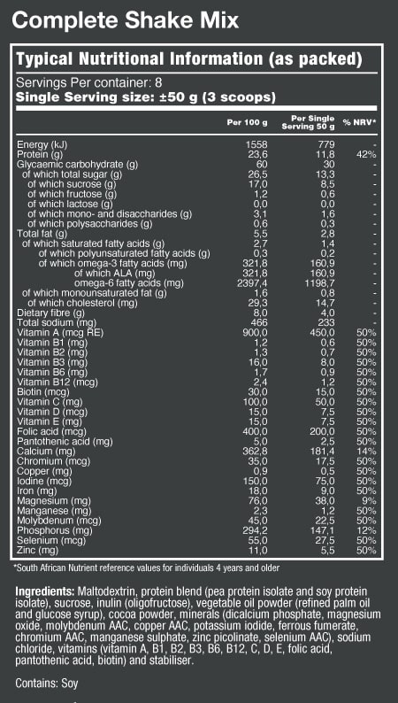 Complete Shake Nutritional Label