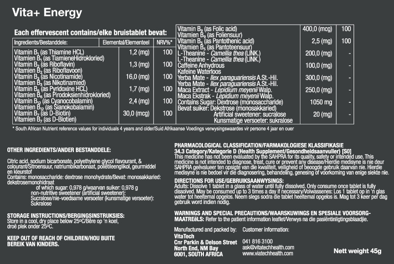 Vitatech Energy Effervescent - Nutritional Information
