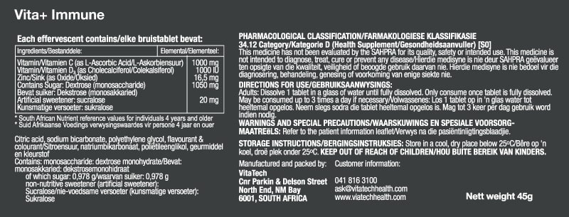 Vitatech Immune Effervescent - Nutritional Information