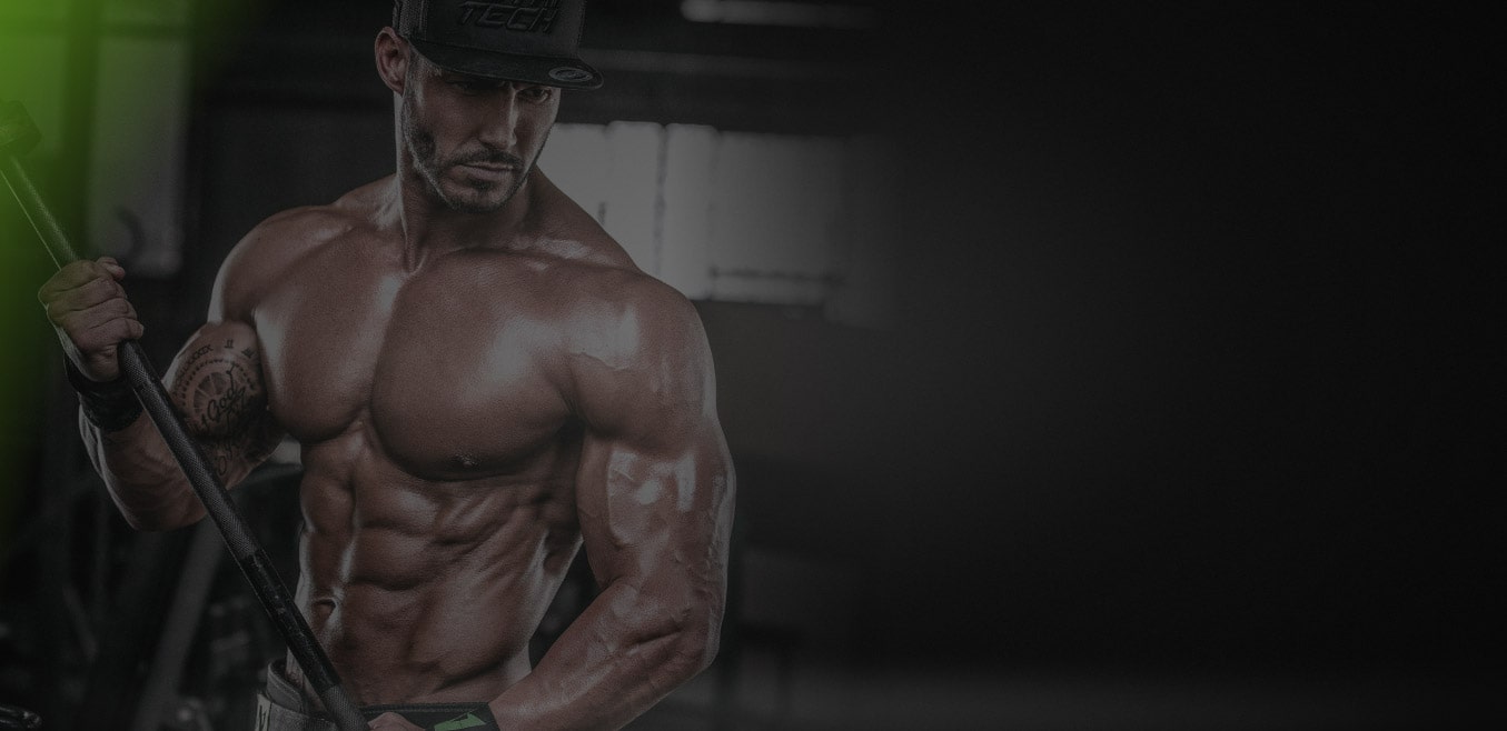 Background image for training program with muscular male doing bicep curls