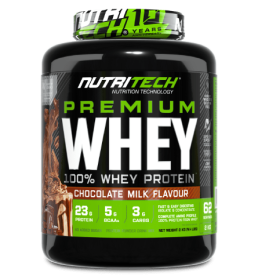 NutriTech Premium Whey Protein 2kg tub, chocolate milk flavour