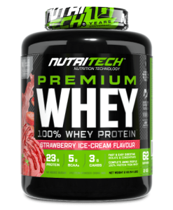 NutriTech Premium Whey Protein 2kg tub, strawberry ice-cream flavour