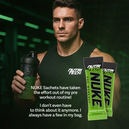 NutriTech Nuke Sachet pre-workout sachet in gym