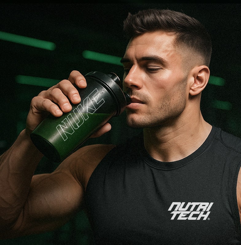 athletic man drinking NutriTech Nuke Sachet pre-workout sachet