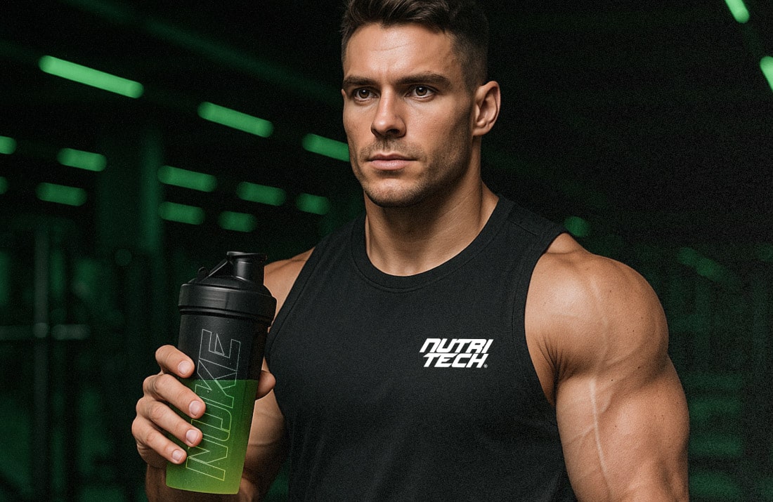 athletic male in gym NutriTech Nuke Sachet pre-workout sachet