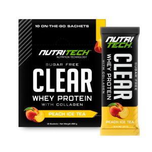 Nutritech clear whey protein sachet and box