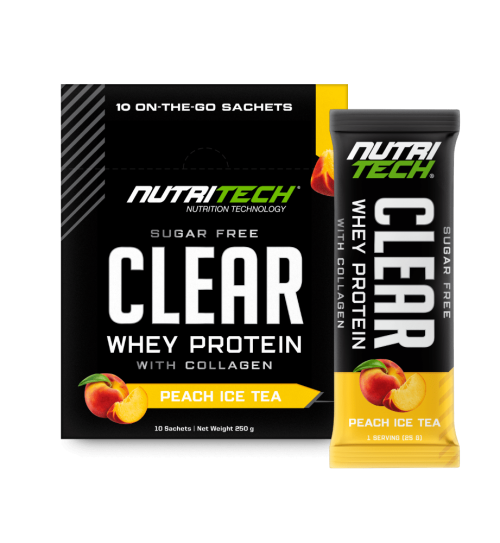 Nutritech clear whey protein sachet and box